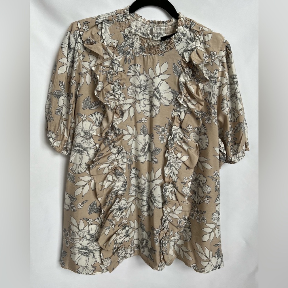 NWT - Alice Blue‎ Ruffle Front Short Sleeve 80s Blouse - Tan / White - Size 2X